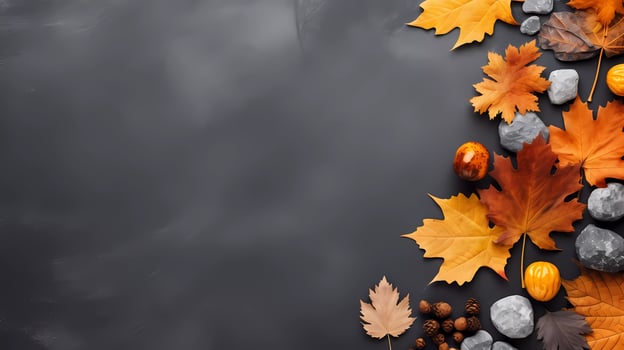 AI Generated Autumn season abstract background. Fall dried leaves and flowers on stone background. Thanksgiving Day, seasonal concept. Copy space. photo