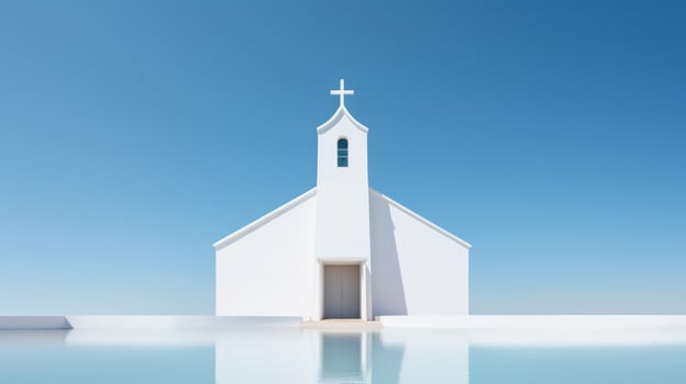 3d rendering of white church on blue sky background. Religious concept. Generative AI photo