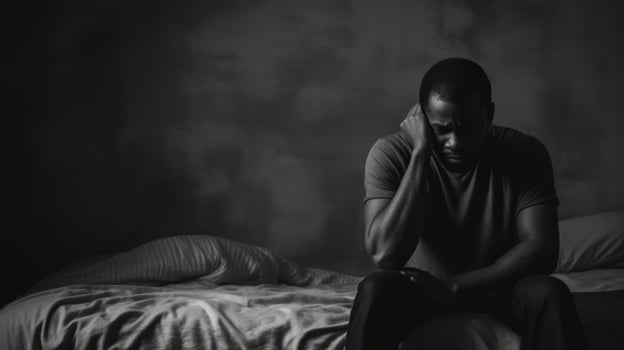 Man in depression sitting on the bed. Black and white photo. Generative AI photo