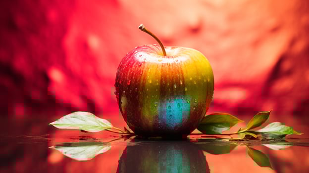 Photo of Apple fruit half against a colorful abstract background. Generative AI