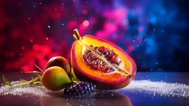 Photo of Duku fruit half against a colorful abstract background. Generative AI