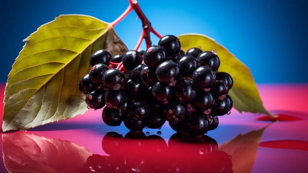 Photo of Elderberry fruit half against a colorful abstract background. Generative AI