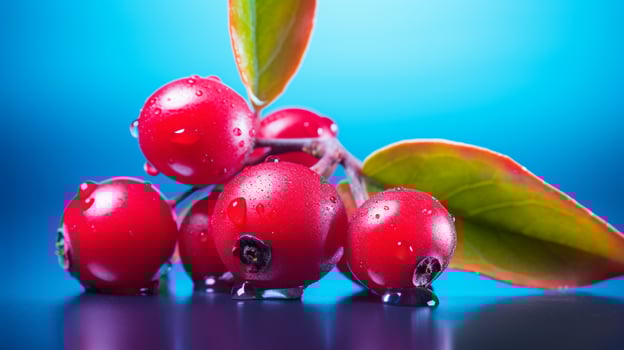Photo of Lingonberry fruit half against a colorful abstract background. Generative AI