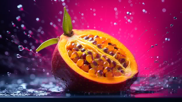 Photo of Mamoncillo fruit half against a colorful abstract background. Generative AI