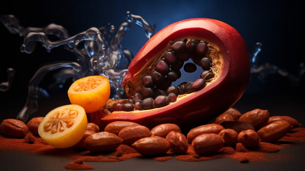 Photo of Tamarind fruit half against a colorful abstract background. Generative AI