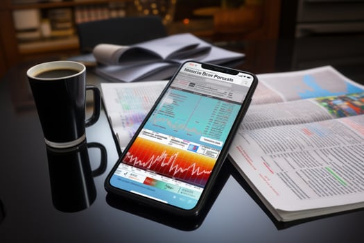 Smartphone is placed flat on the table with news words on it, and a financial chart. Generative AI photo