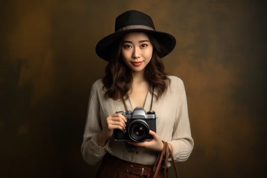 Portrait a woman in a hat holding a camera. Generative AI photo