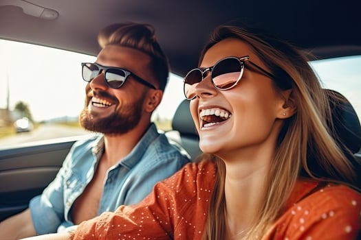 transport, road trip, technology and people concept - smiling couple driving in car, travel concept. Generative AI photo
