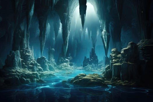 3D rendering of a fantasy alien cave with some stalactites, mesmerizing underwater cave system full of stunning stalactite formations, bioluminescent creatures, and hidden chambers, AI Generated photo