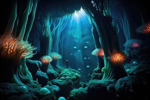 Underwater scene with jellyfish and seaweed. 3d rendering, mesmerizing underwater cave system full of stunning stalactite formations, bioluminescent creatures, and hidden chambers, AI Generated photo
