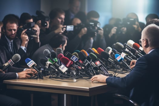 Rear view of journalists interviewing a man in the news studio, Media interview in a conference room, microphones, press conference, press conference, AI Generated photo