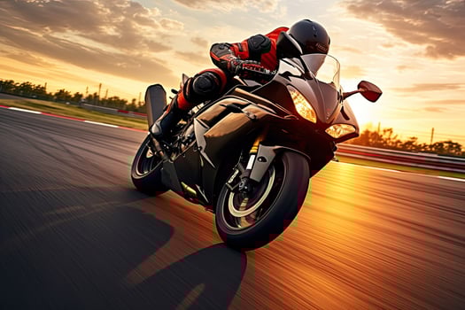 Motorcycle rider rides on a race track at sunset. Motion blur, Motorcycle rider on sport bike rides fast on race track at sunset. Extreme athlete Sport Motorcycles Racing, AI Generated photo