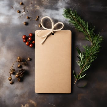 AI generative. Blank paper price tag with christmas decoration on rustic wooden background photo