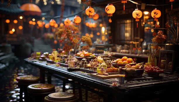 AI generated Freshness and variety of gourmet fruits decorate the traditional festival generated by AI photo