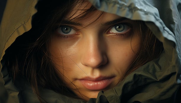 AI generated Young woman in hooded shirt, looking sad in winter nature generated by AI photo