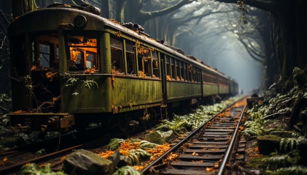 AI generated Old steam train speeds through abandoned forest, vanishing into darkness generated by AI photo