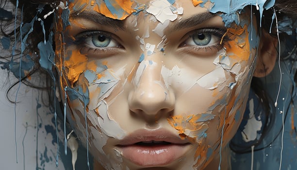 AI generated A beautiful young woman with messy blue paint on her face generated by AI photo