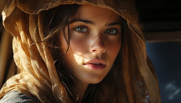 AI generated Young woman, outdoors, looking at camera, smiling, long hair generated by AI photo