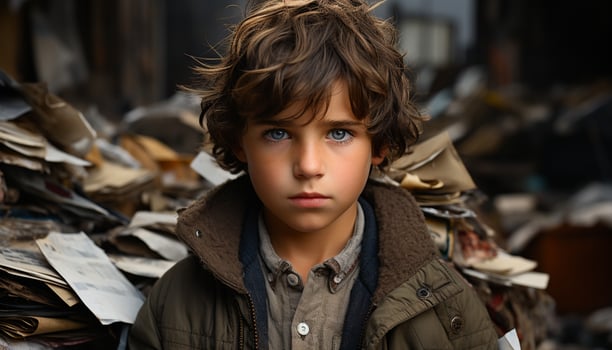 AI generated One cute boy sitting outdoors, looking serious in winter generated by AI photo