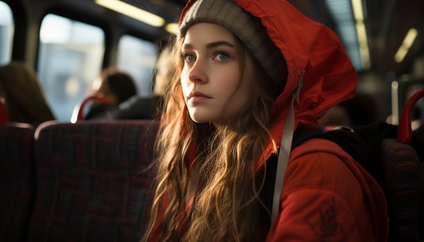 AI generated Young woman smiling, looking away, sitting in underground train generated by AI photo