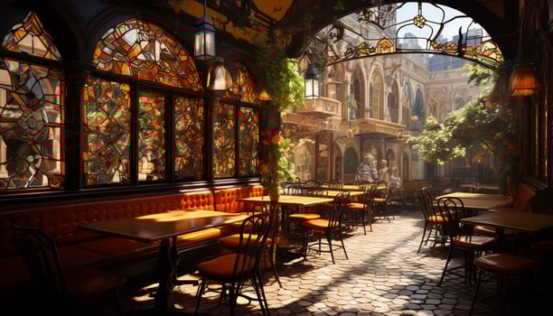 AI generated Gothic chapel, illuminated stained glass, ancient architecture, spirituality indoors generated by AI photo
