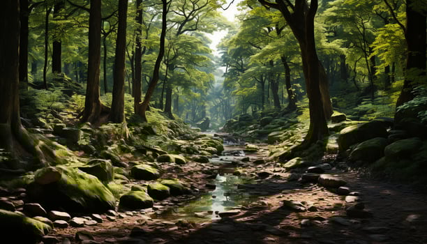 AI generated Tranquil rainforest lush green, flowing water, mysterious wilderness adventure generated by AI photo