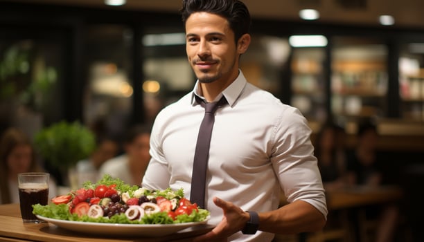 AI generated A confident businessman smiling, holding a fresh salad, looking at camera generated by AI photo