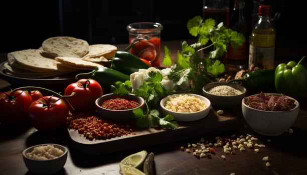 AI generated Fresh tomato, vegetable, and herb salad on rustic wooden table generated by AI photo
