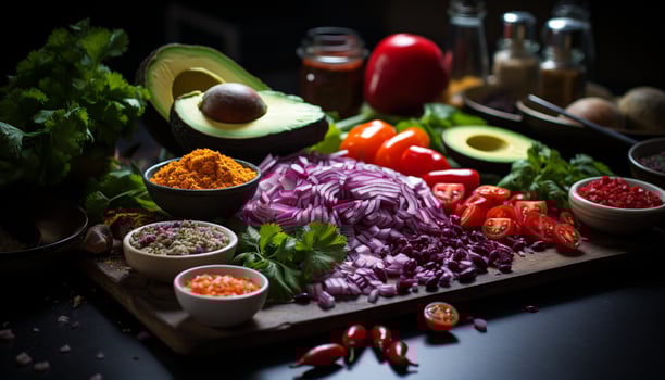 AI generated Fresh, healthy salad with avocado, onion, and organic vegetables generated by AI photo