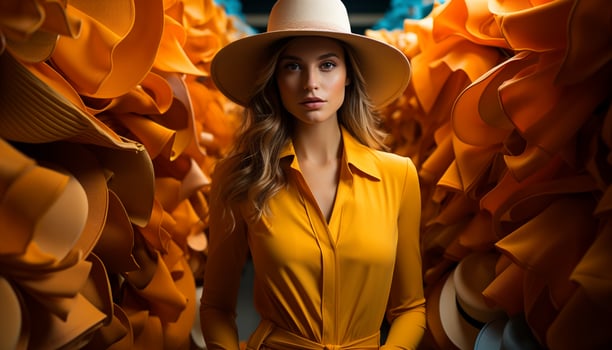 AI generated A beautiful young woman in fashionable clothing, smiling outdoors generated by AI photo