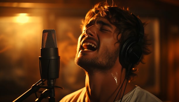 AI generated Young adult singer performing on stage with microphone and headphones generated by AI photo