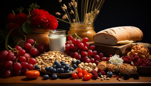 AI generated Fresh fruit bowl on wooden table, a healthy gourmet snack generated by AI photo