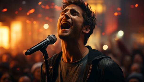AI generated Young adult singer performing rock music on stage with microphone generated by AI photo