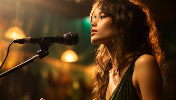 AI generated Young woman singer performing on stage, captivating the audience generated by AI photo