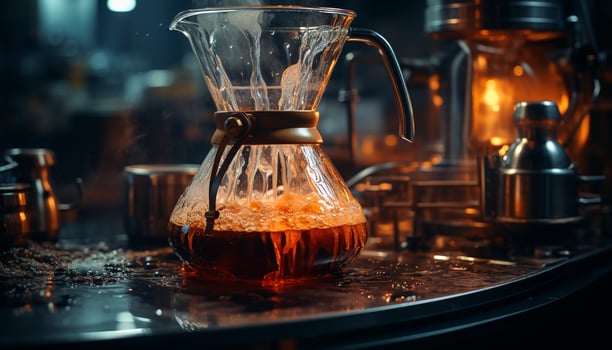 AI generated Barista pouring hot coffee into a glass cup on wooden table generated by AI photo