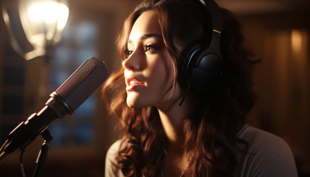 AI generated Young woman singing on stage, illuminated by nightclub lights generated by AI photo