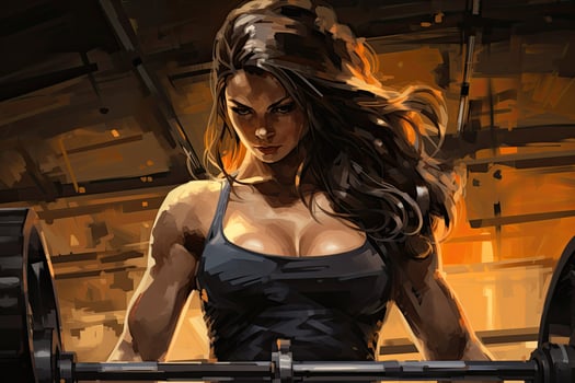 Digital painting of a female bodybuilder lifting a barbell in a gym, Muscular woman doing side plank in a gym, rear view, detailed muscles, AI Generated photo