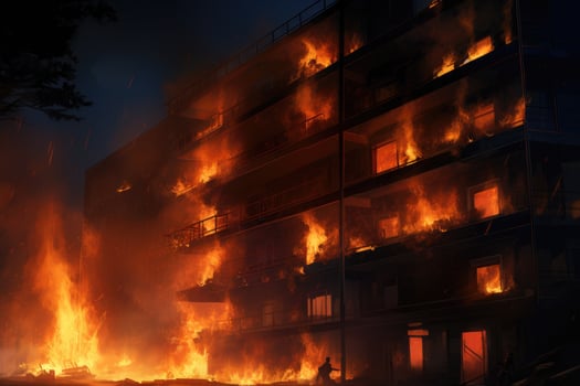 Fire in a residential building at night. Firefighters extinguish the fire, Night fire. Apartment is burning, AI Generated photo