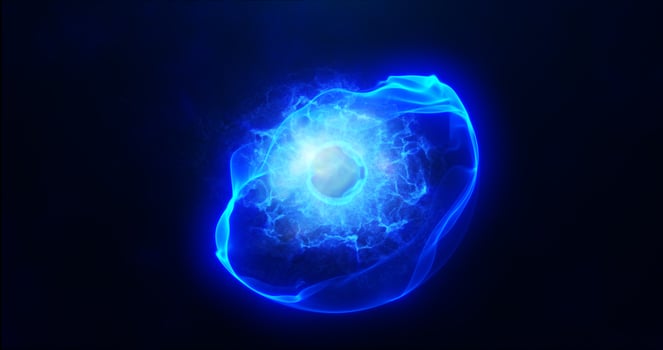 Blue energy sphere with glowing bright particles, atom with electrons and elektric magic field scientific futuristic hi-tech abstract background photo