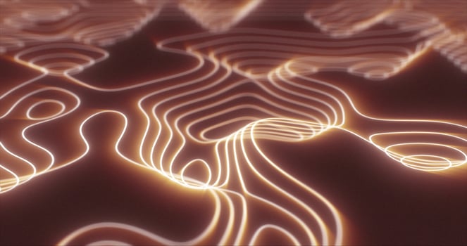 Abstract orange futuristic hi-tech landscape with mountains and canyons from glowing energy circles and magic lines background photo