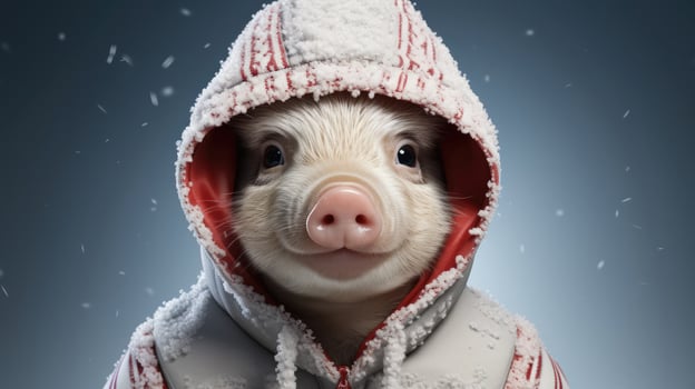 Cute white pig in a jacket and hood in the snowy winter for the Christmas and New Year holiday photo