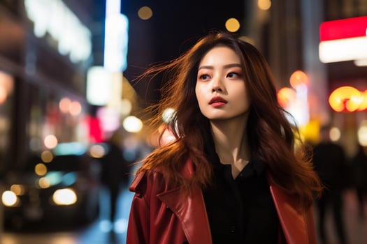 Asian girl with fashionable outfit posing in bustling city Generative AI photo
