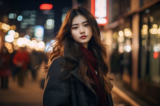 Asian girl with fashionable outfit posing in bustling city Generative AI photo
