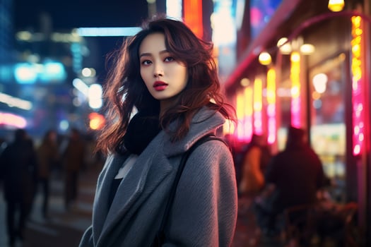 Asian girl with fashionable outfit posing in bustling city Generative AI photo