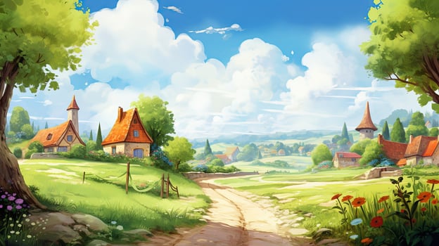 Watercolor Illustration of Warm and Tidy Little Village, Landscape Background photo
