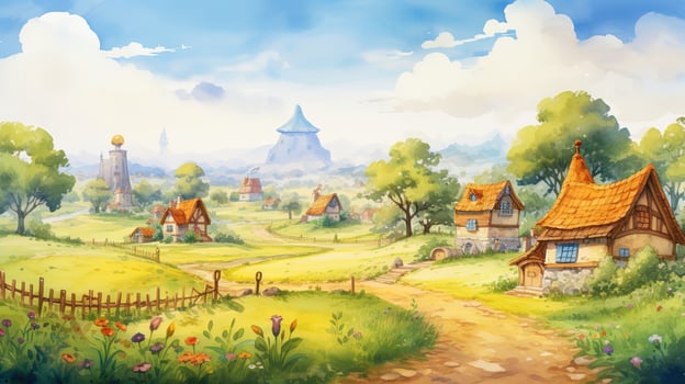 Watercolor Illustration of Warm and Tidy Little Village, Landscape Background photo