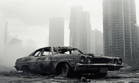 Abandoned, wrecked car in a city. AI generative. photo