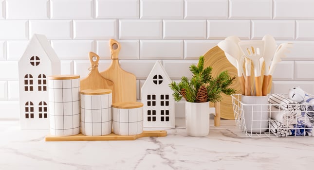 Kitchen christmas background with kitchen white utensils, christmas decorations in modern style. Front view. Eco-friendly cuisine. photo