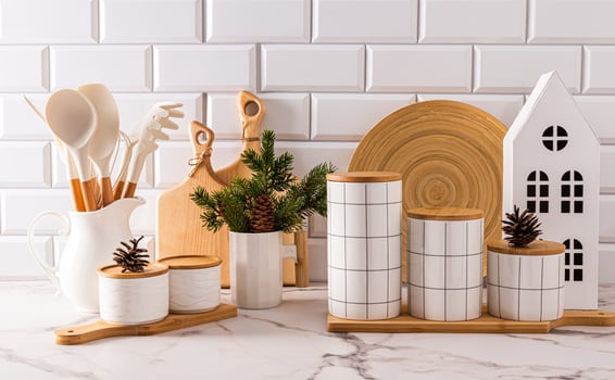 Beautiful New Year kitchen background in white tones with kitchen utensils and modern decor elements for New Year and Christmas photo