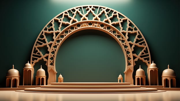 green podium with beige elements in Arabic minimalist style. Podium in the style of Ramadan, Eid Mubarak.AI generated photo